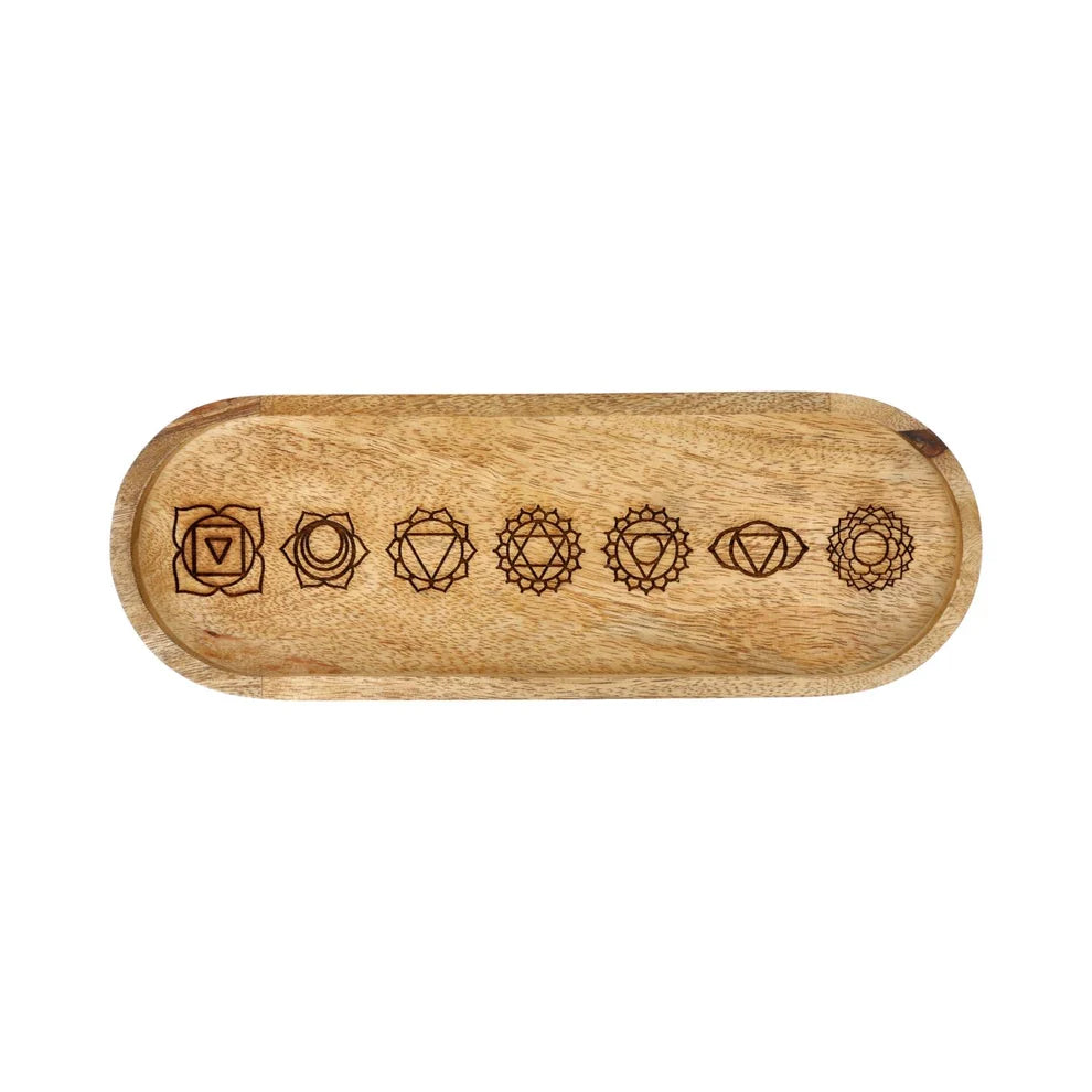 Chakra-Tablett Oval aus Mangoholz – mit 7 Chakren | 29 × 10 cm