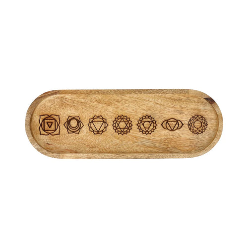 Chakra-Tablett Oval aus Mangoholz – mit 7 Chakren | 29 × 10 cm