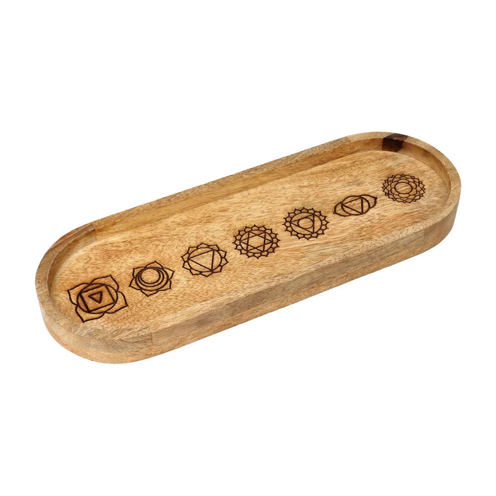 Chakra-Tablett Oval aus Mangoholz – mit 7 Chakren | 29 × 10 cm