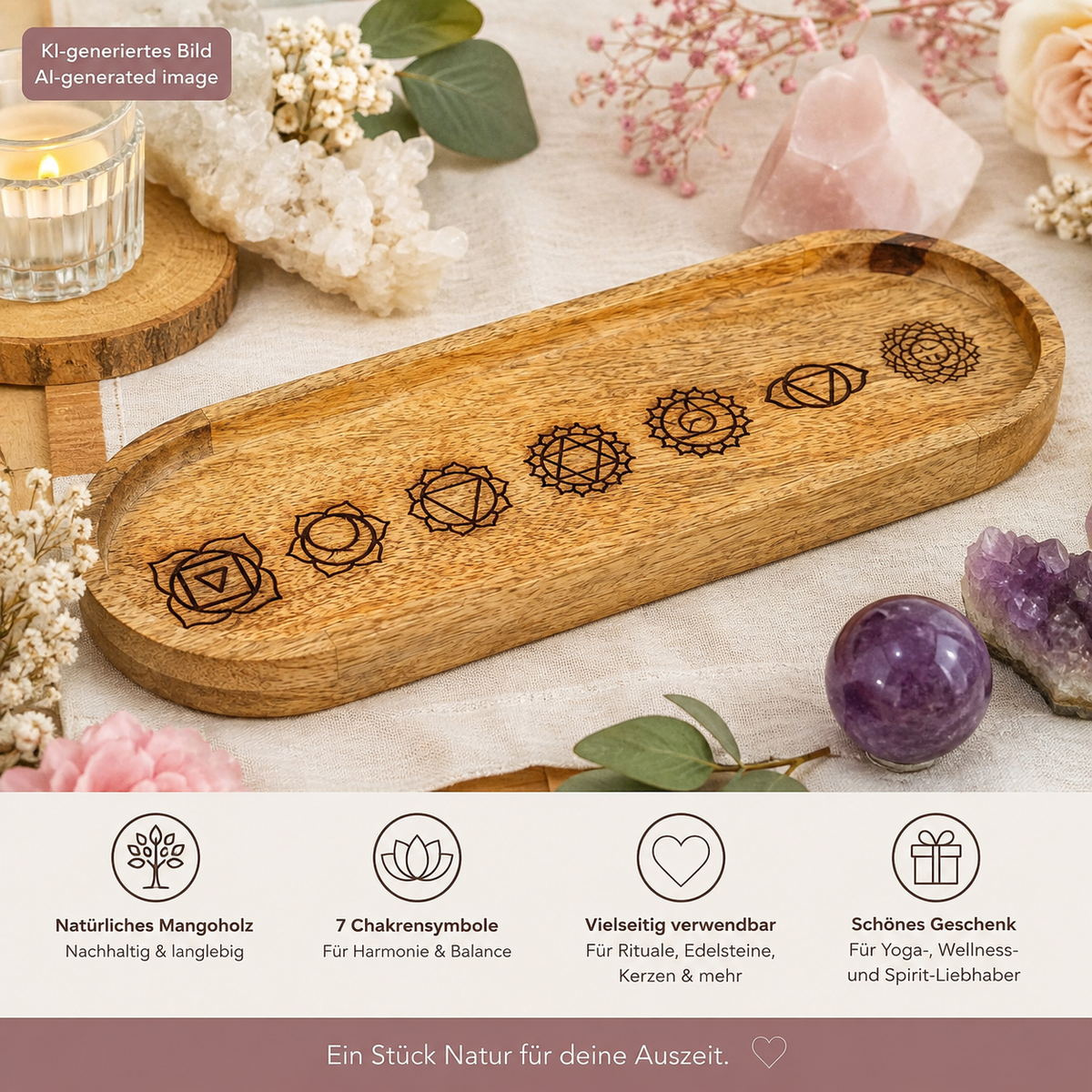 Chakra-Tablett Oval aus Mangoholz – mit 7 Chakren | 29 × 10 cm